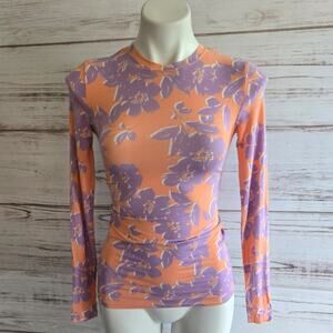BCBGMaxazria Peach and Purple Floral Print Long Sleeve Tee shirt sz XS